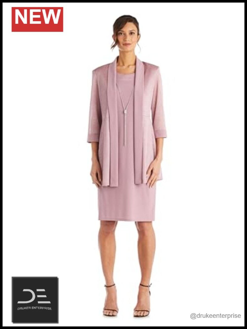 Metallic Rib Knit Pleated Jacket & Shift Dress Set with Necklace